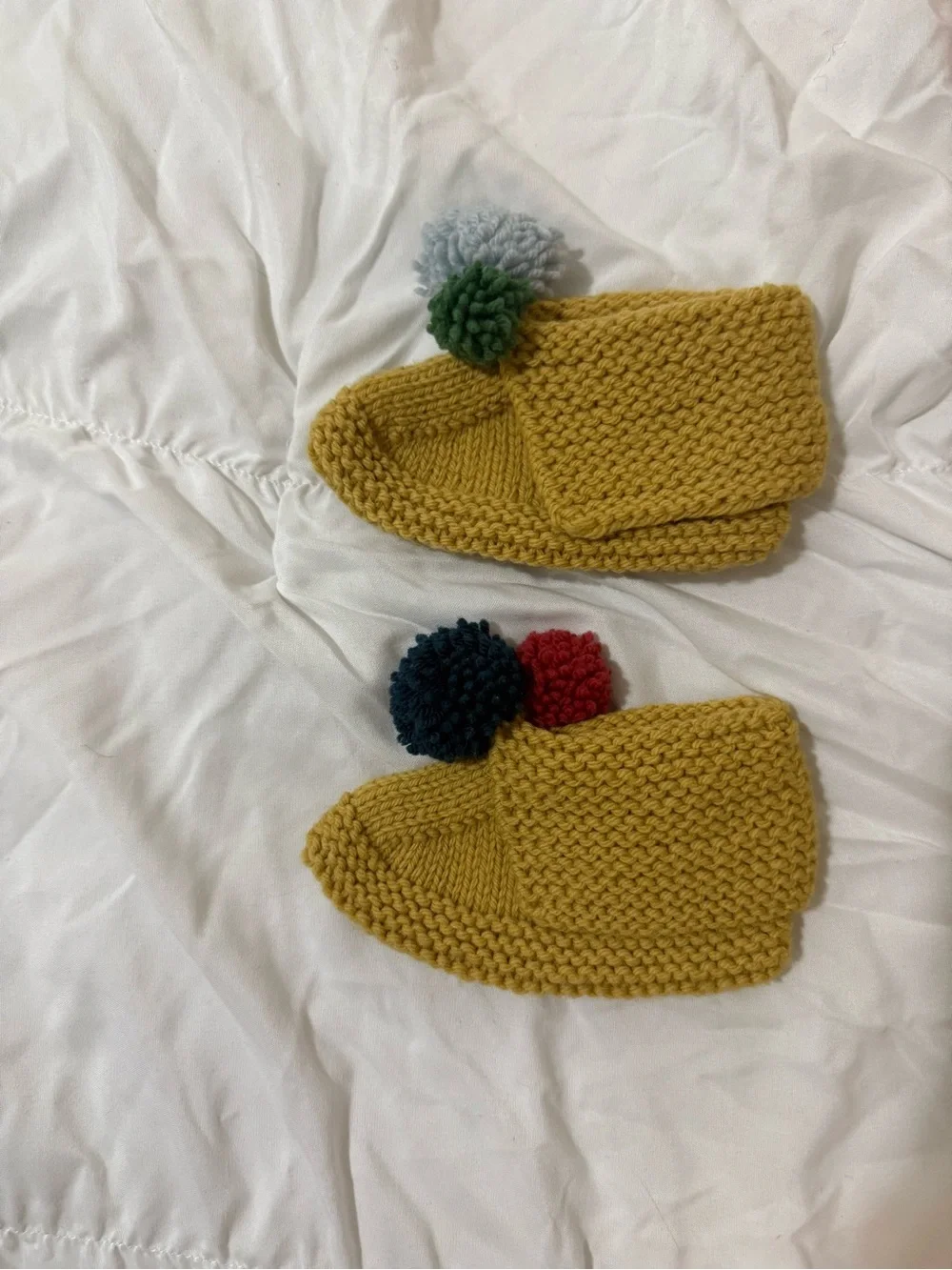 Handmade Kids 12-18 Months Yellow Knit Slippers with Pom-Poms